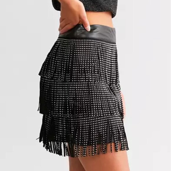 Black Studded Tassel Fringe Faux Leather Skirt NWT L - Picture 3 of 5